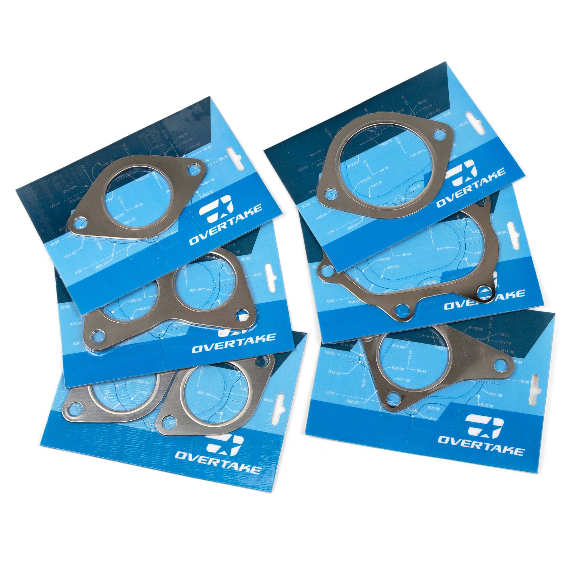Gaskets on blue packaging with Overtake branding on a white background